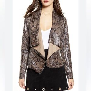 Blank NYC Snakeskin Moto Biker Jacket Vegan Leather Size Women's Medium Brown